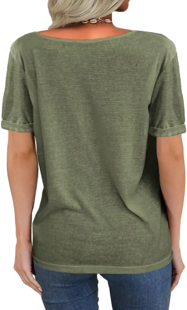Danedvi Women Fashion Deep V-Neck Short Sleeve Tops Solid Casual Loose Basic T Shirt