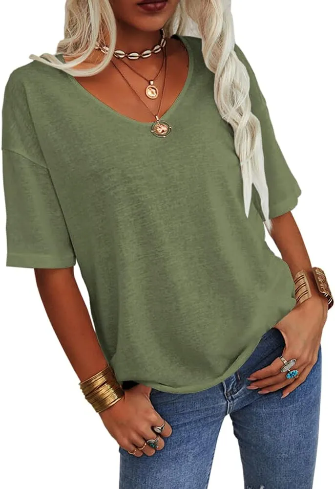 Danedvi Women Fashion V-Neck Half Sleeves Oversized T Shirt Solid Casual Loose Basic Tops