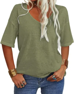 Danedvi Women Fashion V-Neck Half Sleeves Oversized T Shirt Solid Casual Loose Basic Tops