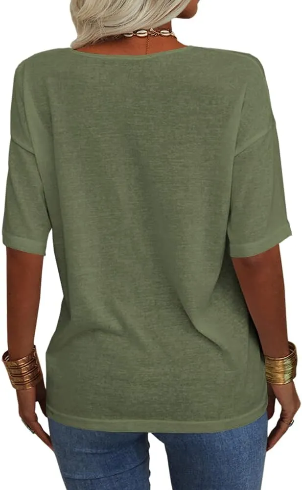 Danedvi Women Fashion V-Neck Half Sleeves Oversized T Shirt Solid Casual Loose Basic Tops