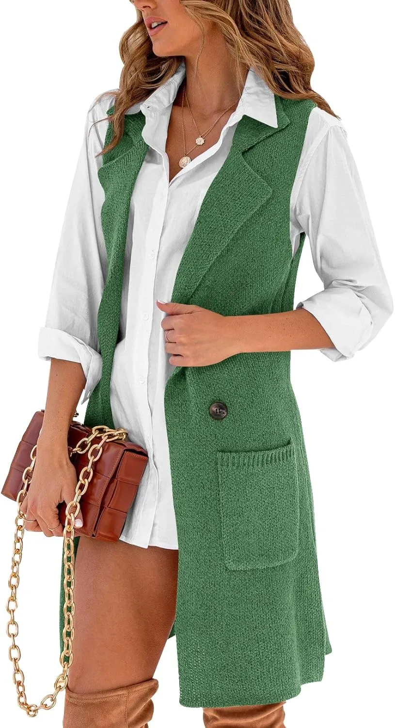 Danedvi Women Open Front Lapel Collar Cardigan Vest Button Down Long Sweaters Cardigan Solid Outerwear Coats