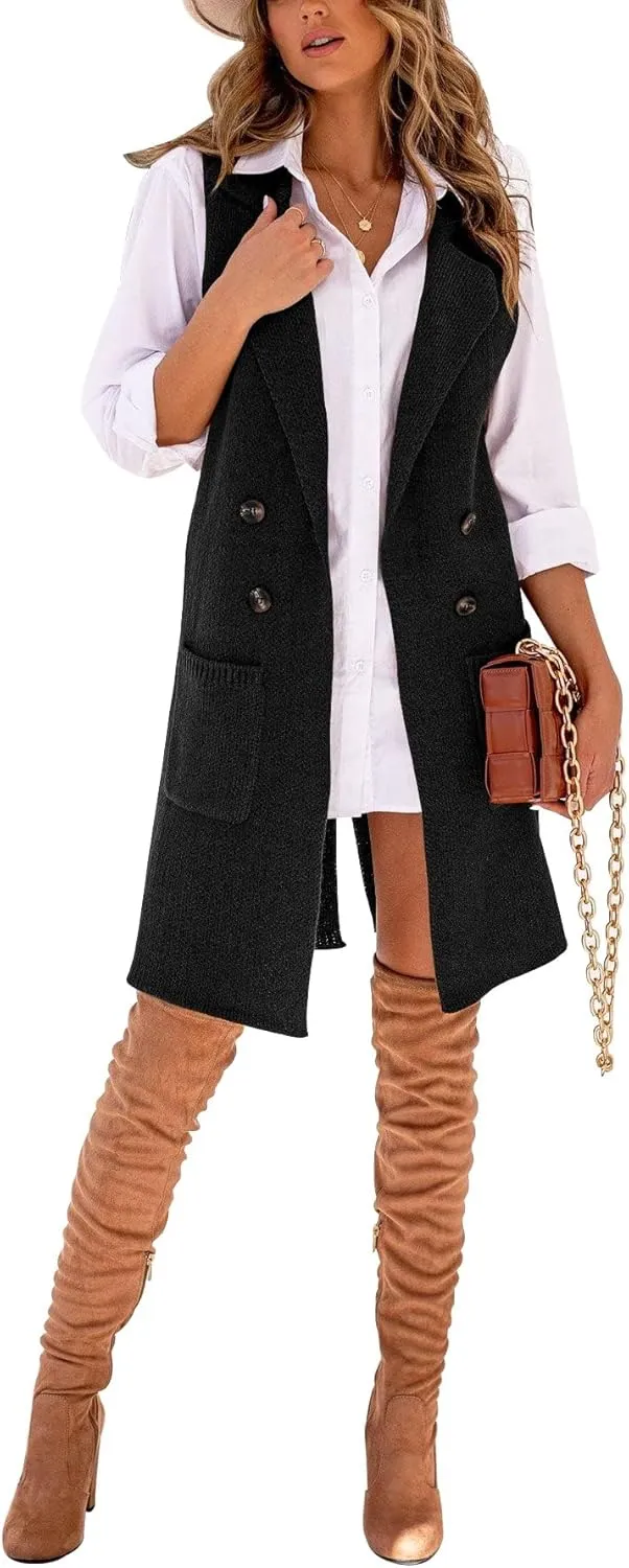 Danedvi Women Open Front Lapel Collar Cardigan Vest Button Down Long Sweaters Cardigan Solid Outerwear Coats