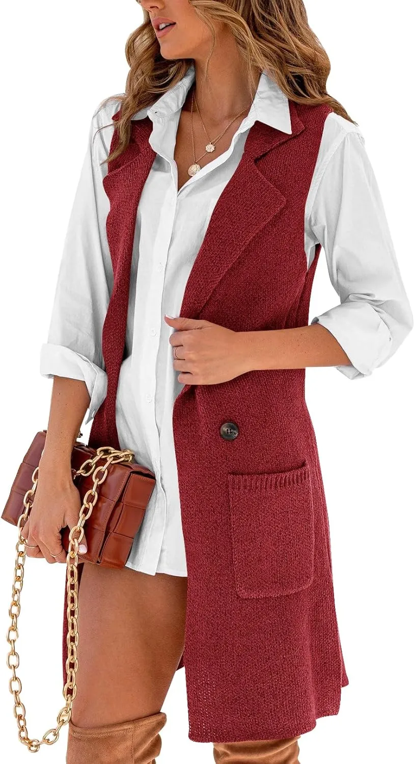 Danedvi Women Open Front Lapel Collar Cardigan Vest Button Down Long Sweaters Cardigan Solid Outerwear Coats