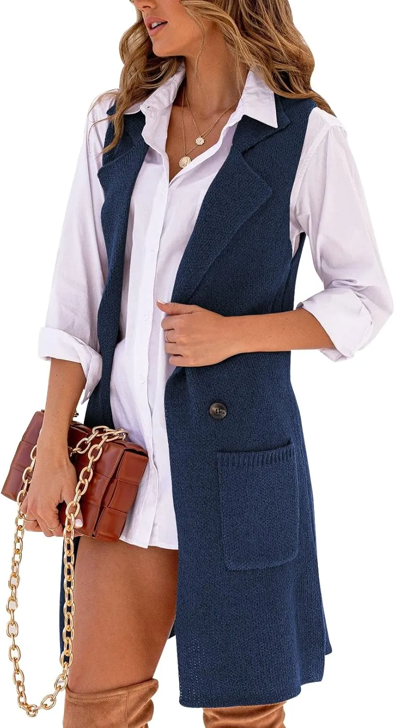 Danedvi Women Open Front Lapel Collar Cardigan Vest Button Down Long Sweaters Cardigan Solid Outerwear Coats