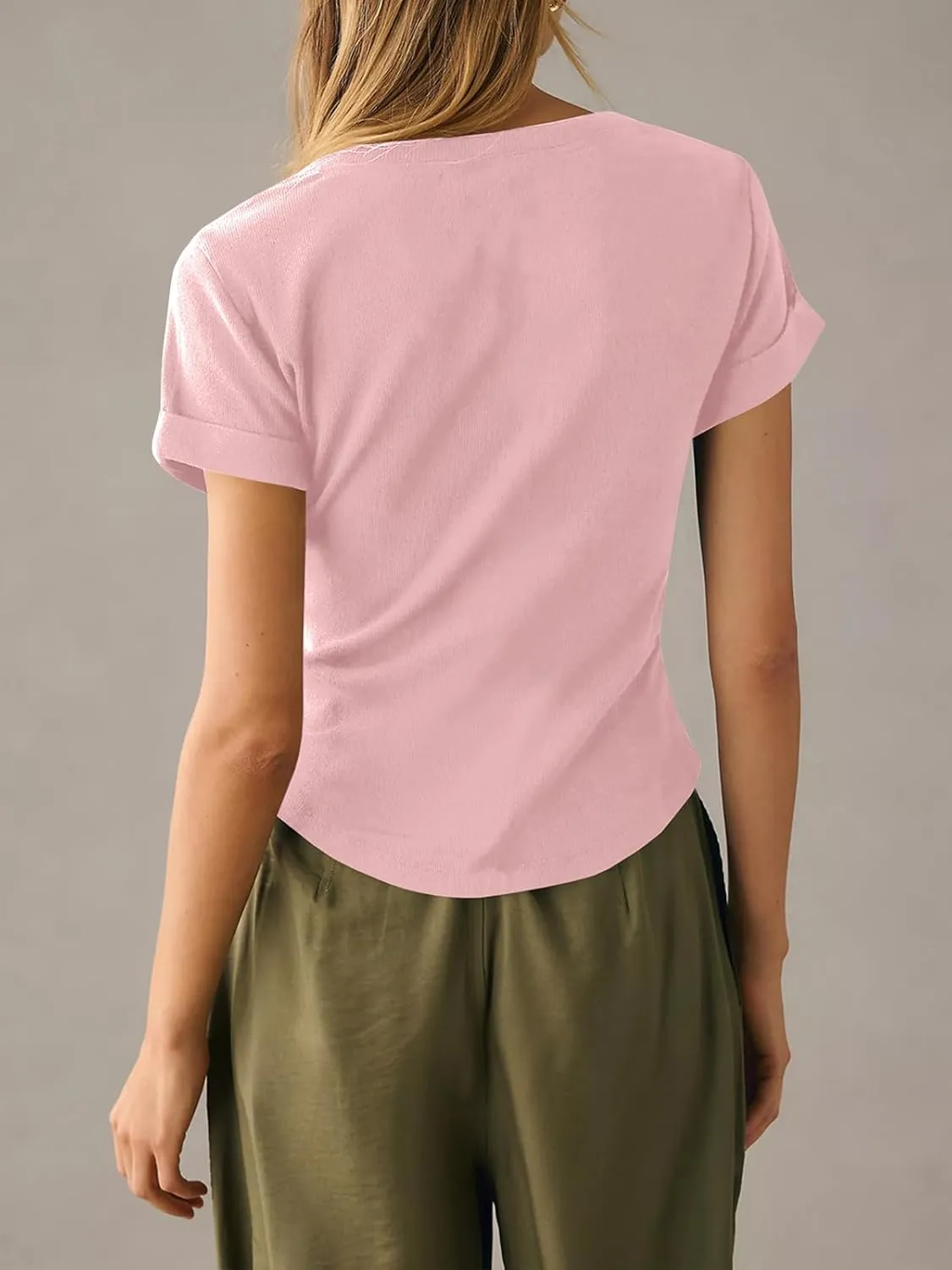 Danedvi Womens Deep V Neck Low Cut Tops Summer Short Sleeve Henley Shirts Casual Ribbed Knit T Shirts