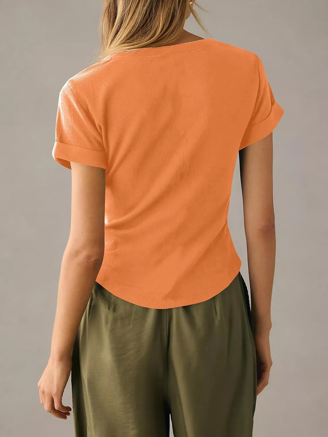 Danedvi Womens Deep V Neck Low Cut Tops Summer Short Sleeve Henley Shirts Casual Ribbed Knit T Shirts