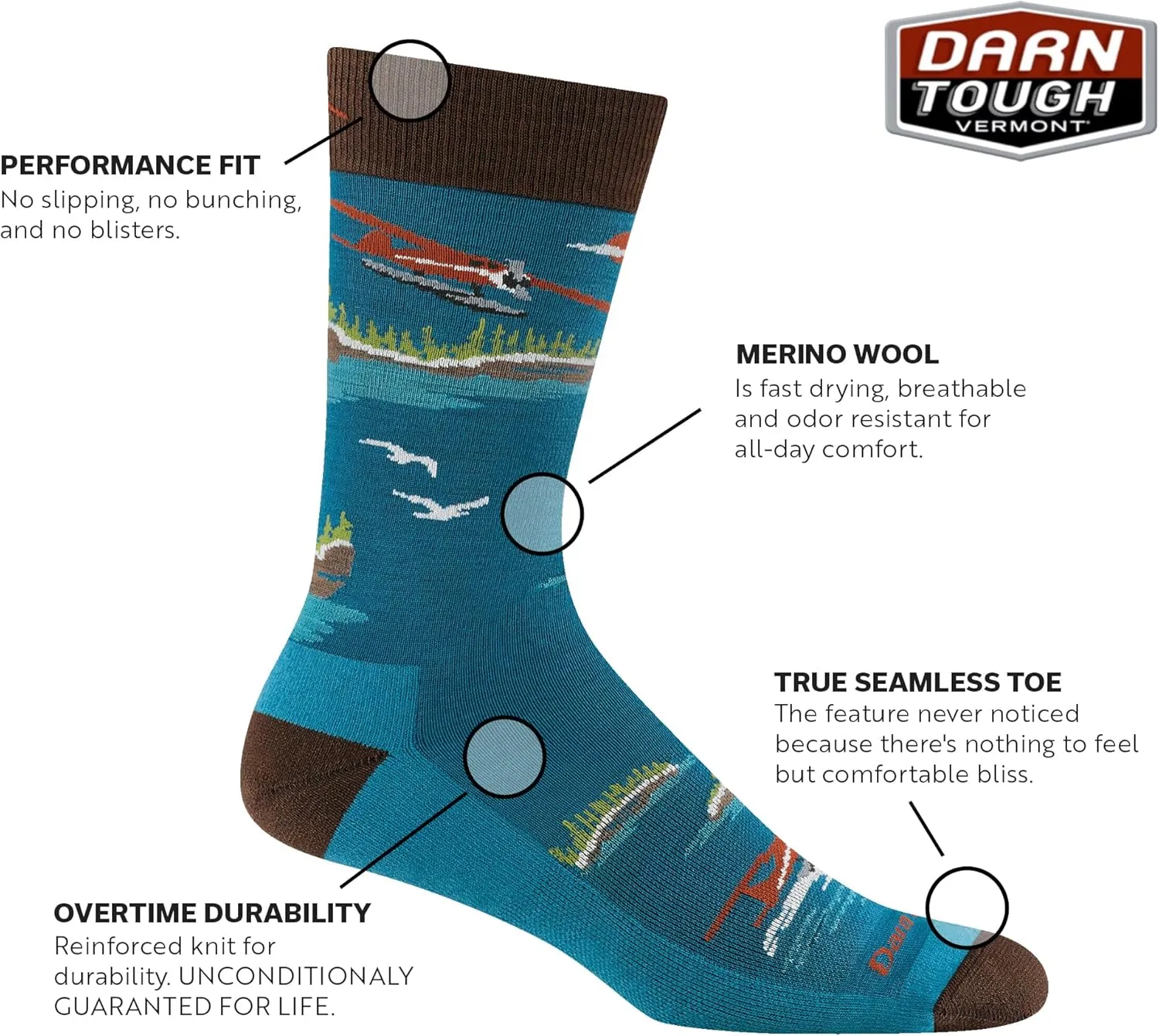 Darn Tough Vermont Men's Cushioned Crew Socks, Float Boat- Lightweight Crew Socks for Men