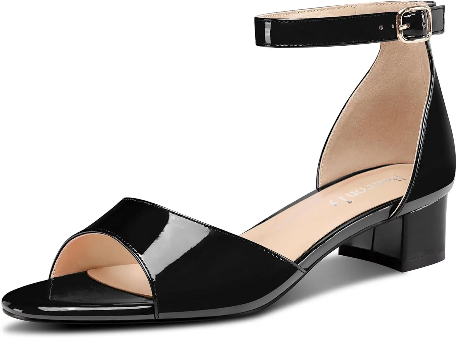 DearOnly Womens Low Block Heel Sexy Ankle Strap Open Toe Sandals Patent Leather Basic Classic Buckle Prom Casual Dress Shoes 1.2 Inches Heels