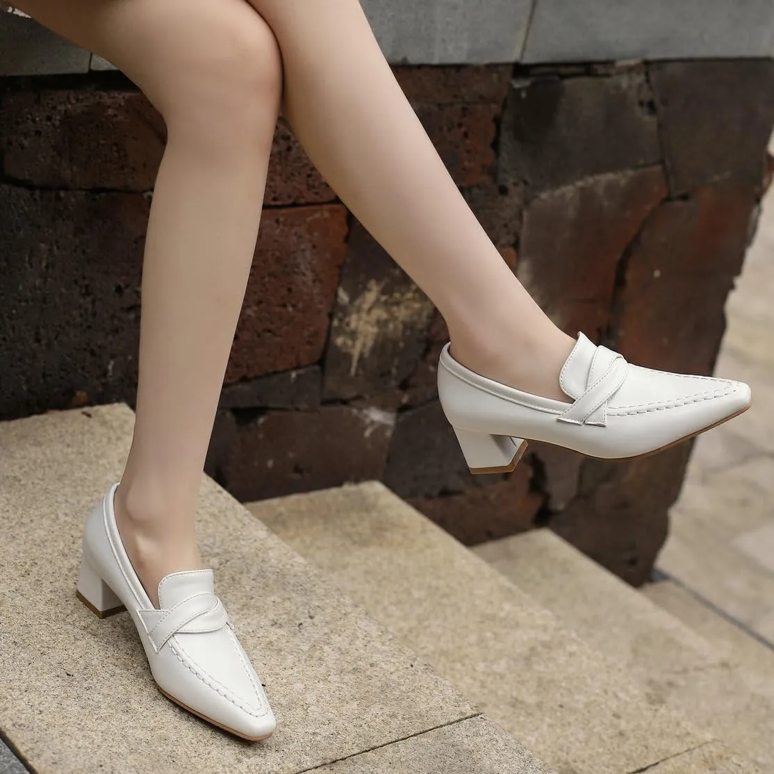 DINTAHA Pointed Toe Chunky Heeled Loafers for Women Slip-On Pumps Dressy Business Casual Dress Shoes