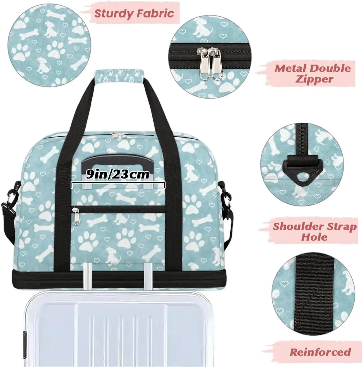 Dogs Bones Print Sports Gym Bag with Shoes Compartment Foldable Travel Duffel Bag Dry Wet Separated Sports Tote Workout Weekender Overnight Bag for Women Yoga Dance Work Training Handbag