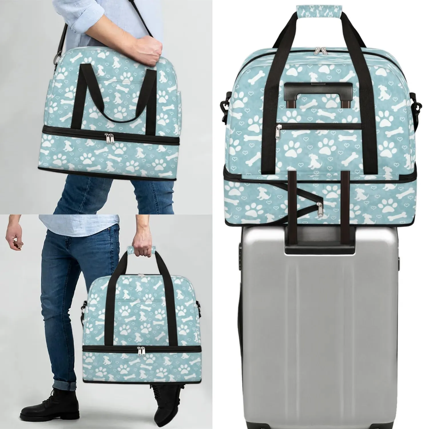 Dogs Bones Print Sports Gym Bag with Shoes Compartment Foldable Travel Duffel Bag Dry Wet Separated Sports Tote Workout Weekender Overnight Bag for Women Yoga Dance Work Training Handbag