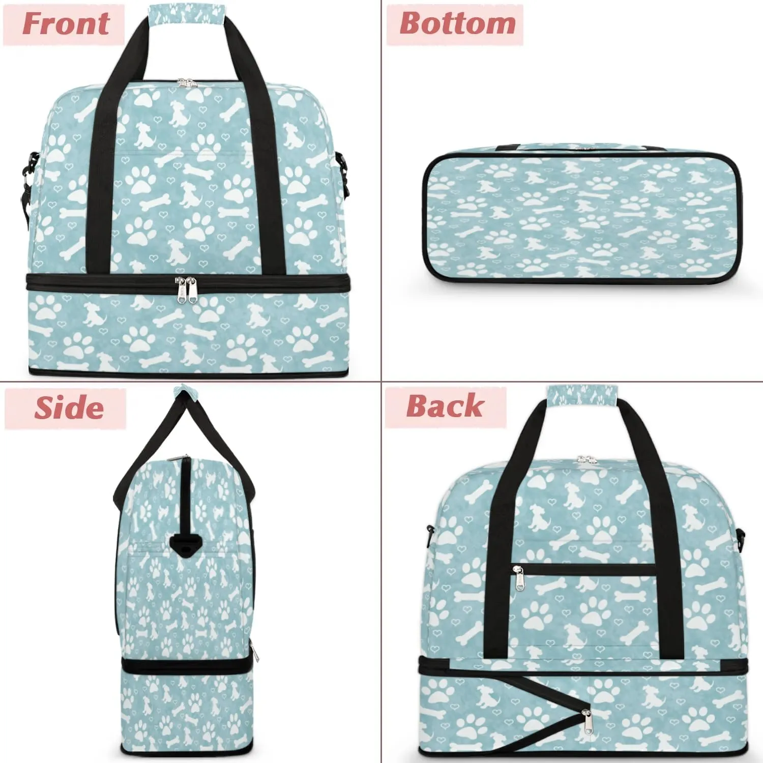 Dogs Bones Print Sports Gym Bag with Shoes Compartment Foldable Travel Duffel Bag Dry Wet Separated Sports Tote Workout Weekender Overnight Bag for Women Yoga Dance Work Training Handbag
