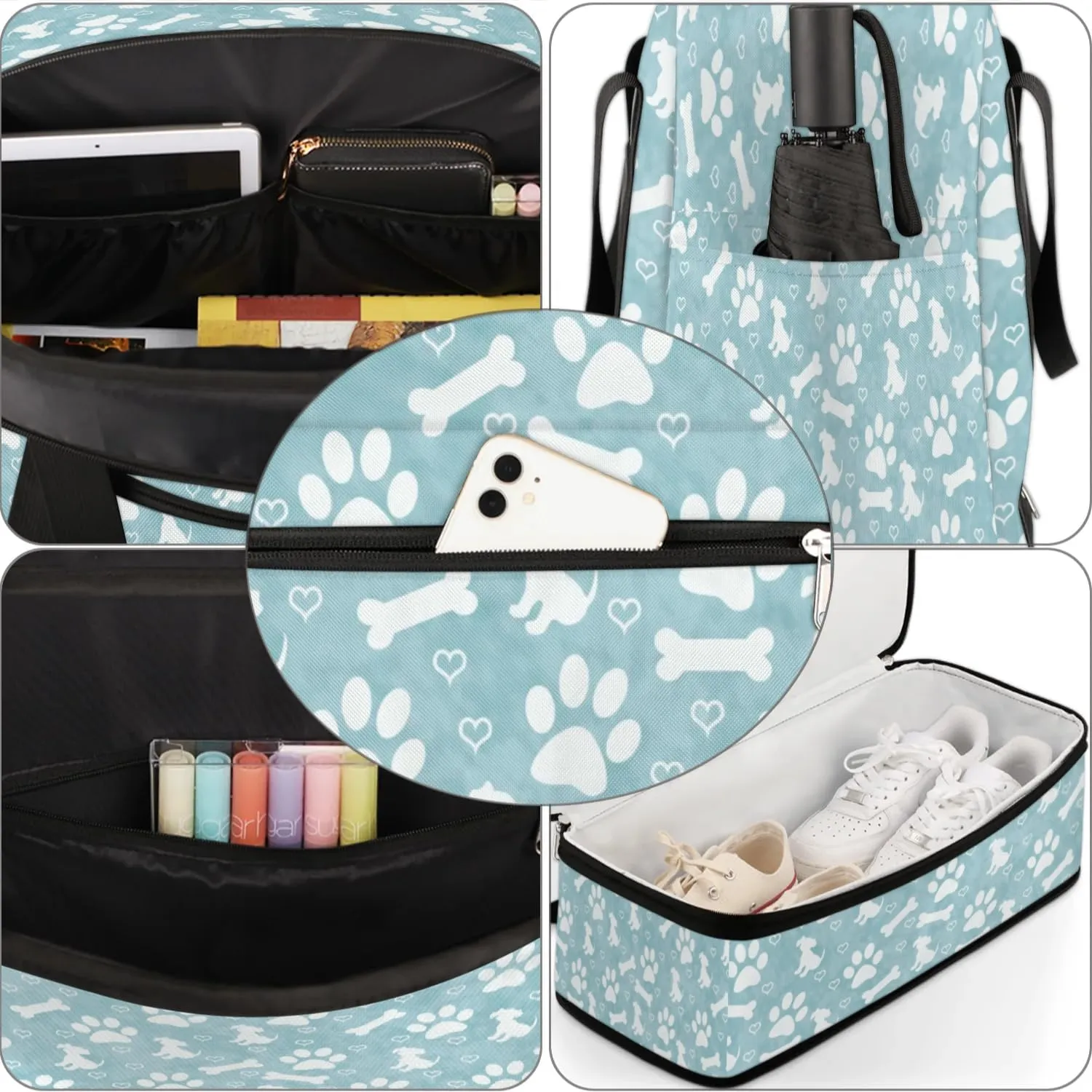 Dogs Bones Print Sports Gym Bag with Shoes Compartment Foldable Travel Duffel Bag Dry Wet Separated Sports Tote Workout Weekender Overnight Bag for Women Yoga Dance Work Training Handbag