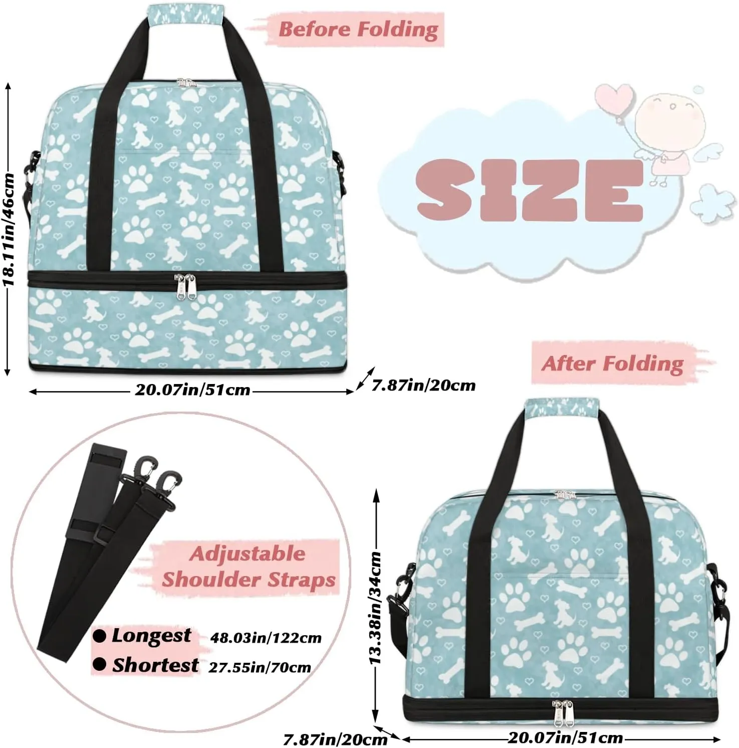 Dogs Bones Print Sports Gym Bag with Shoes Compartment Foldable Travel Duffel Bag Dry Wet Separated Sports Tote Workout Weekender Overnight Bag for Women Yoga Dance Work Training Handbag