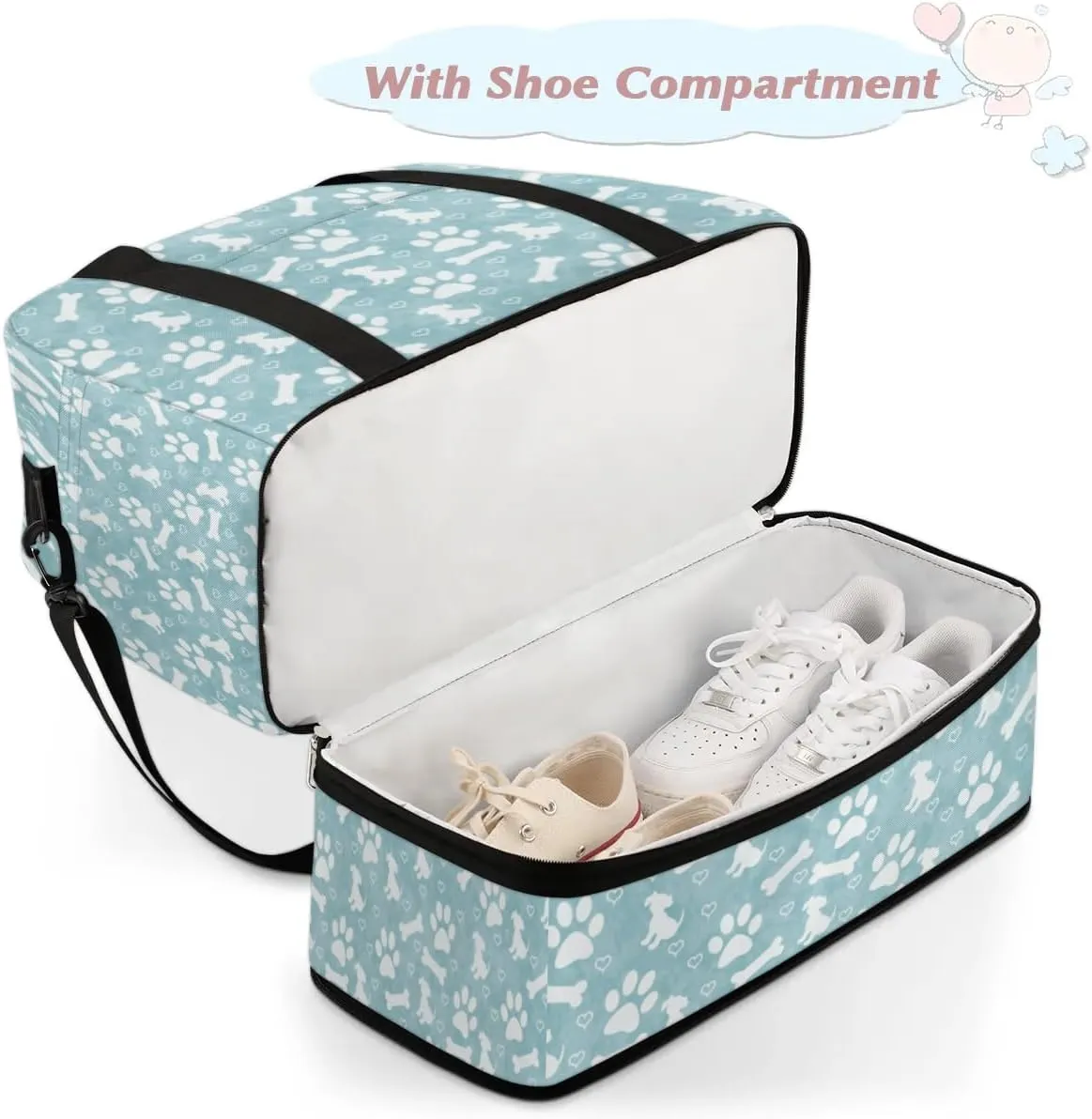 Dogs Bones Print Sports Gym Bag with Shoes Compartment Foldable Travel Duffel Bag Dry Wet Separated Sports Tote Workout Weekender Overnight Bag for Women Yoga Dance Work Training Handbag