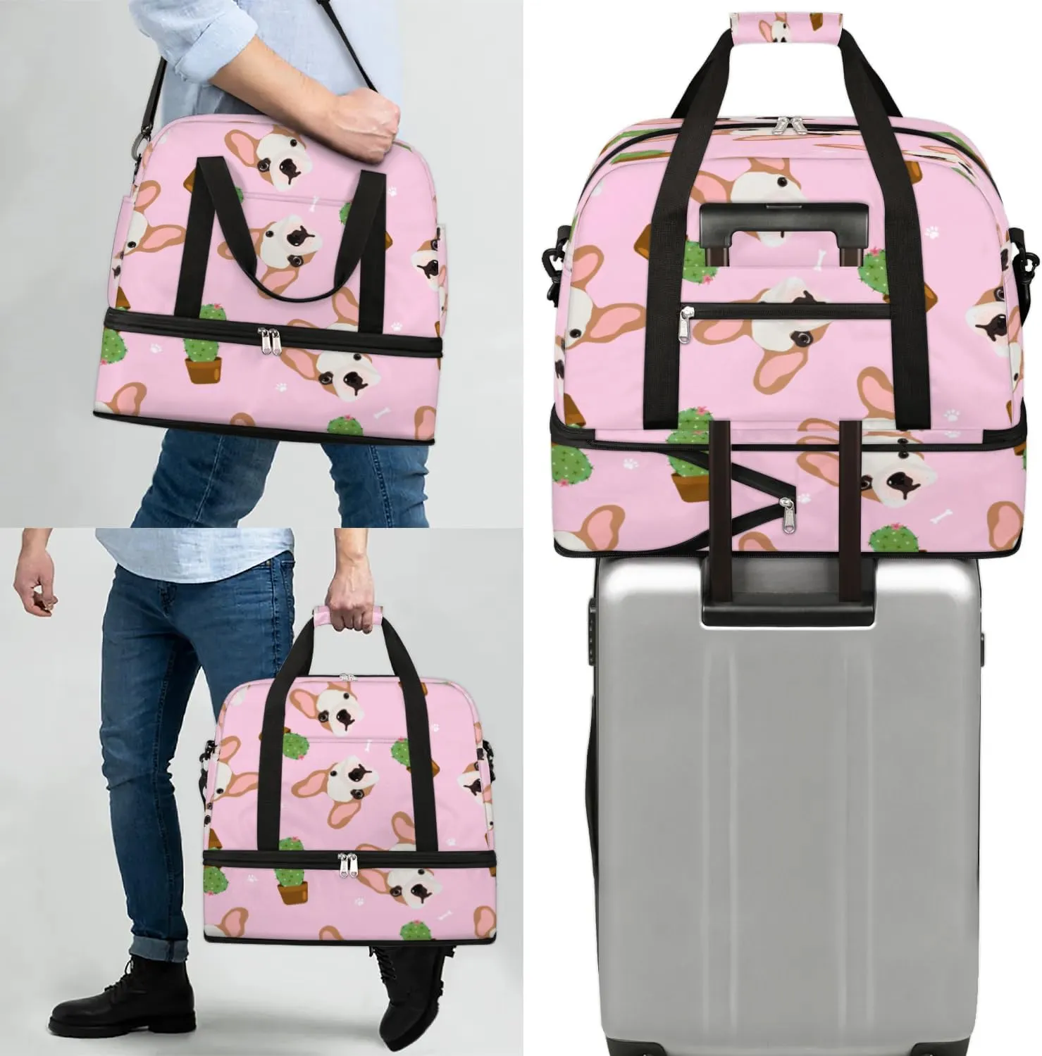Dogs Cactus Sports Gym Bag with Shoes Compartment Foldable Travel Duffel Bag Dry Wet Separated Sports Tote Workout Weekender Overnight Bag for Women Yoga Dance Work Training Handbag