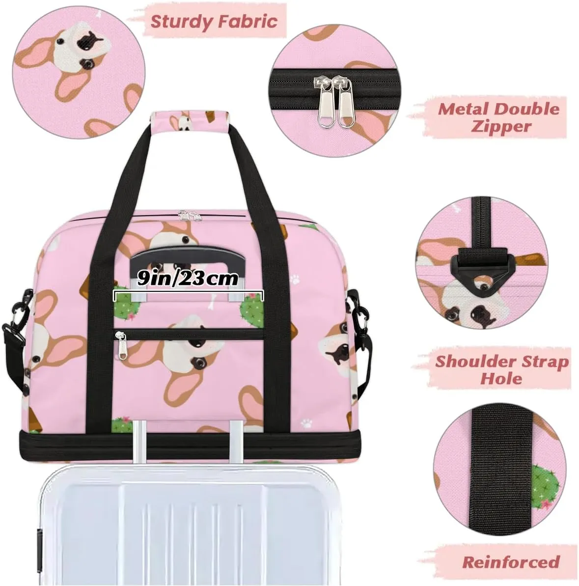 Dogs Cactus Sports Gym Bag with Shoes Compartment Foldable Travel Duffel Bag Dry Wet Separated Sports Tote Workout Weekender Overnight Bag for Women Yoga Dance Work Training Handbag