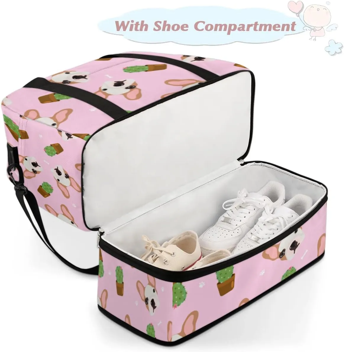 Dogs Cactus Sports Gym Bag with Shoes Compartment Foldable Travel Duffel Bag Dry Wet Separated Sports Tote Workout Weekender Overnight Bag for Women Yoga Dance Work Training Handbag