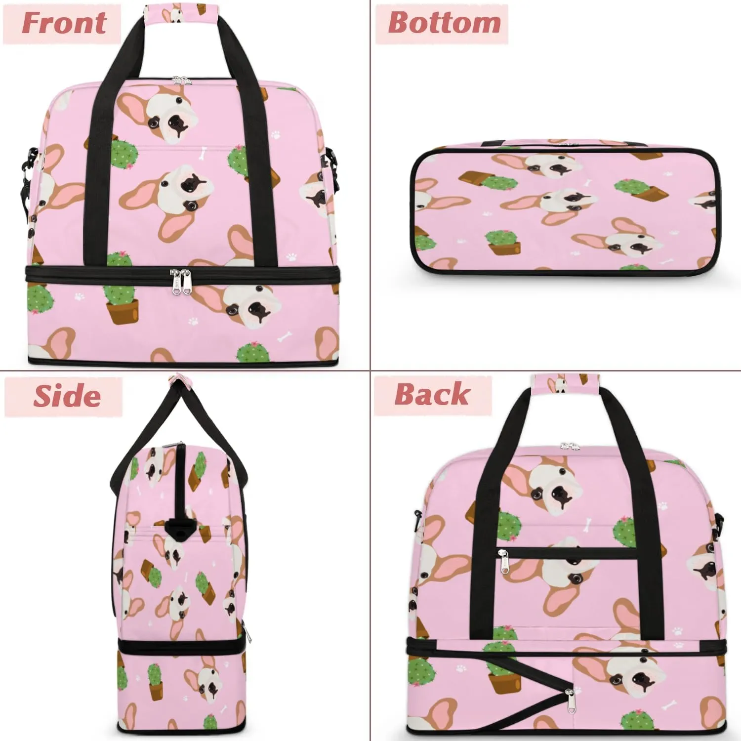 Dogs Cactus Sports Gym Bag with Shoes Compartment Foldable Travel Duffel Bag Dry Wet Separated Sports Tote Workout Weekender Overnight Bag for Women Yoga Dance Work Training Handbag