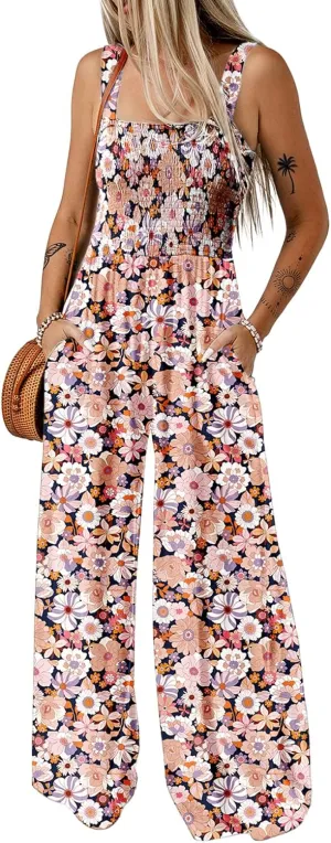 Dokotoo Women's Casual Loose Overalls Jumpsuits One Piece Sleeveless Printed Wide Leg Long Pant Rompers With Pockets