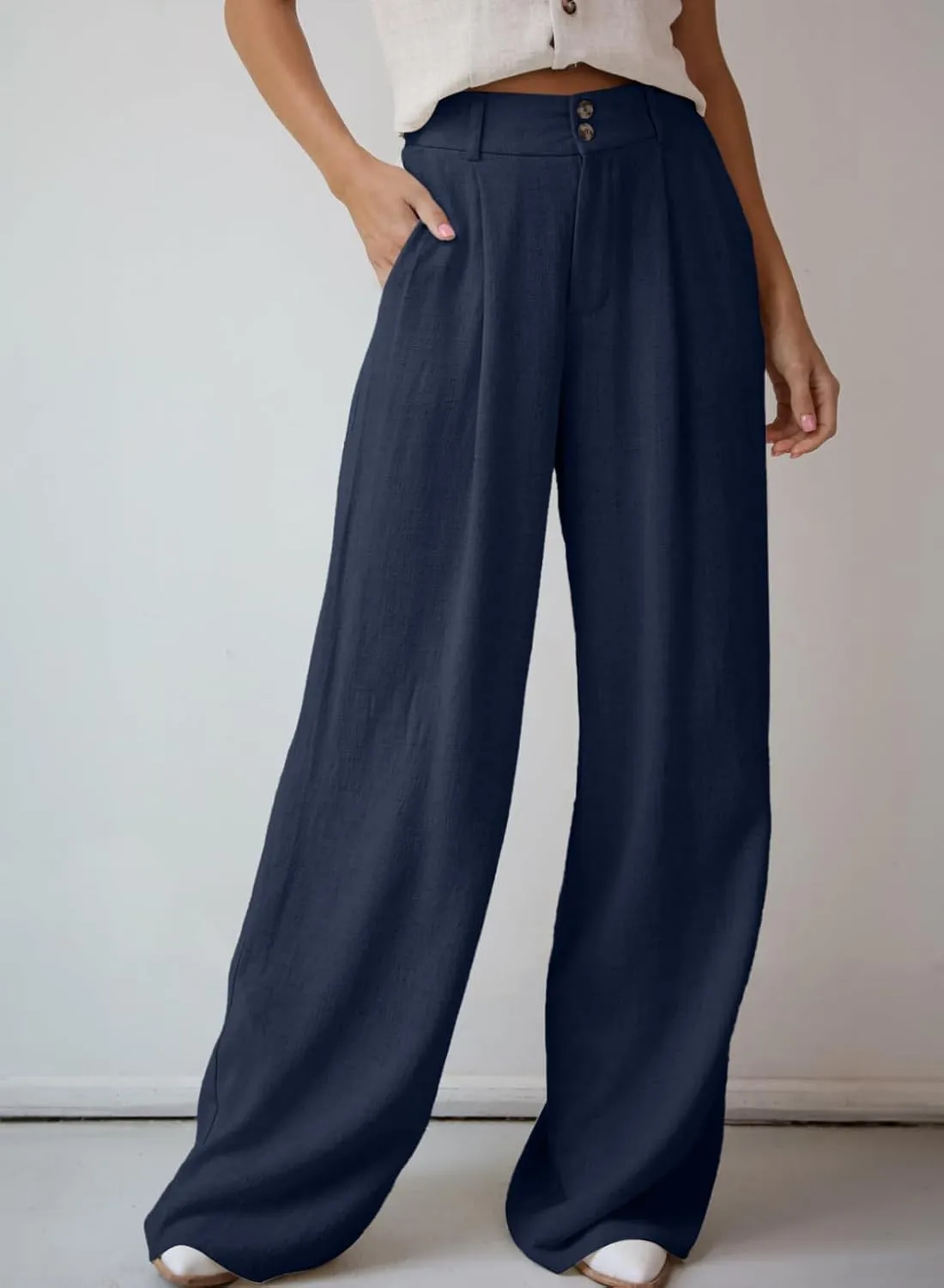 Dokotoo Womens Linen Pants Casual Loose Wide Leg Pants for Women Elastic Waist Palazzo Pants Trousers with Pockets