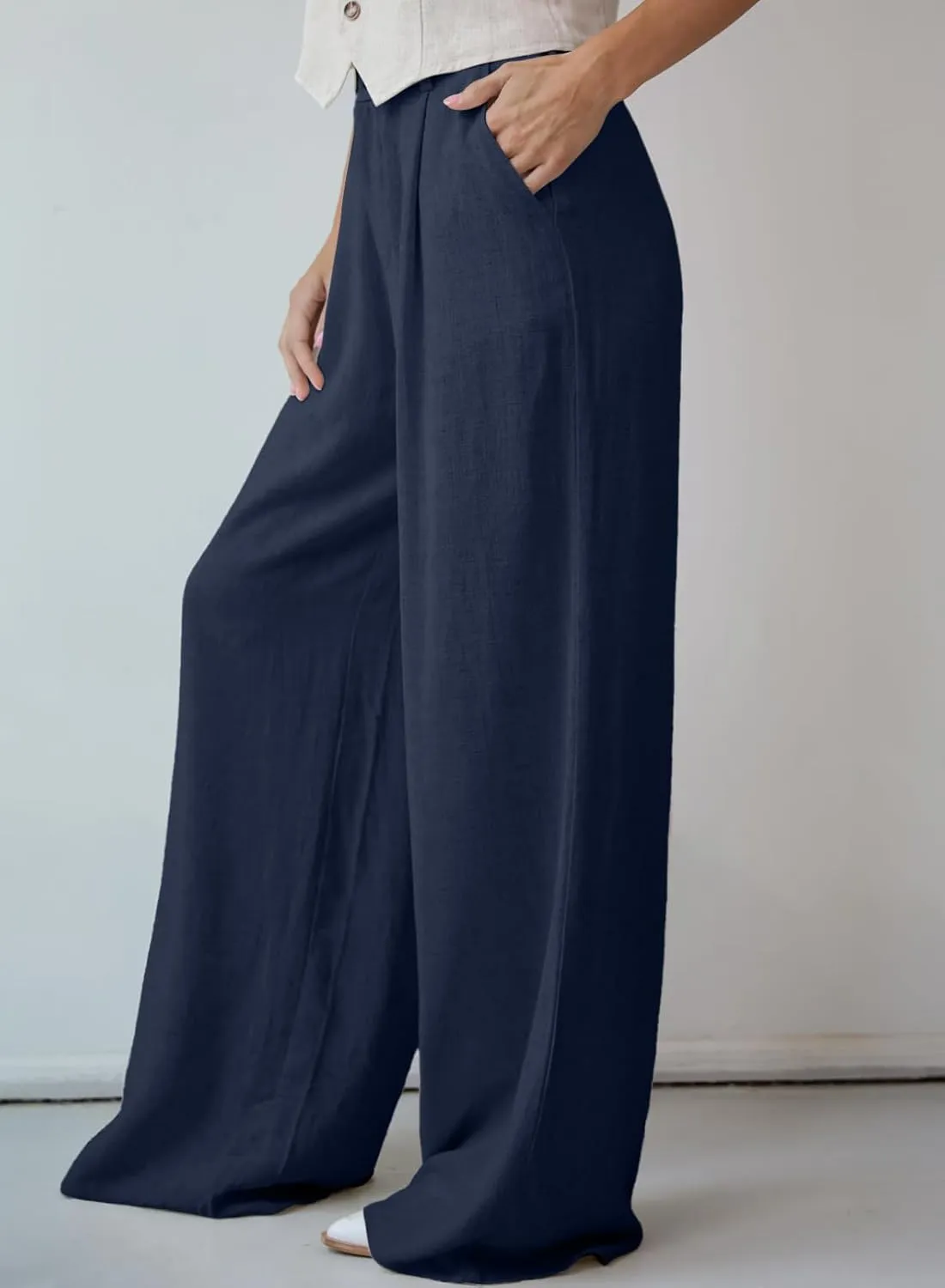Dokotoo Womens Linen Pants Casual Loose Wide Leg Pants for Women Elastic Waist Palazzo Pants Trousers with Pockets