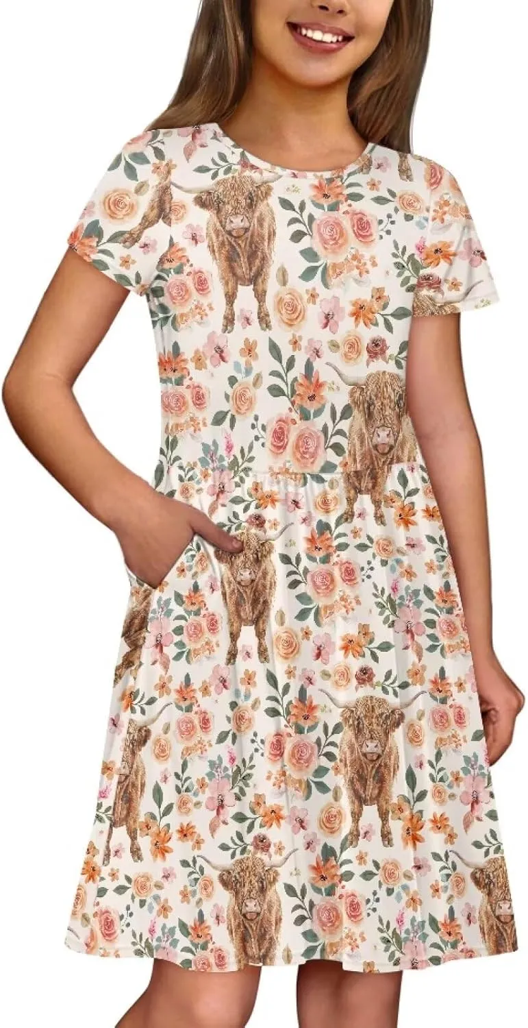 Dresses for Girls 2-14 Kids Summer Beach Dresses Casual Skater Dress Holiday Party Midi A-Line