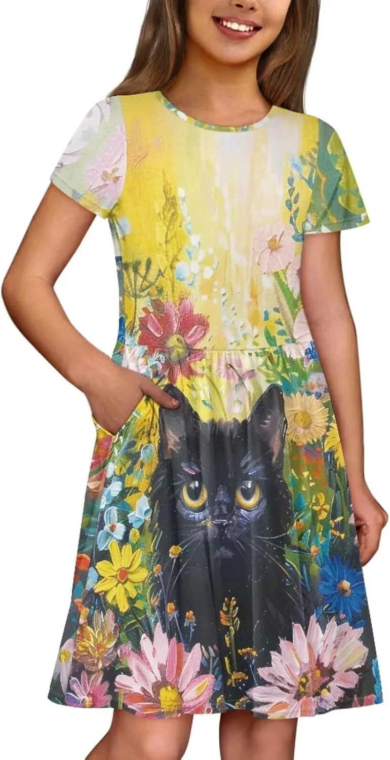 Dresses for Girls 2-14 Years Old Kids Summer Dress Casual Short Sleeve A Line Skater Dresses