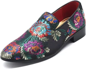 Driving Loafers for Men Walking Shoes Slip On Satin Upper Pointed Toe Chinese Embroidery Flowers Pattern Block Heel Vintage (Color : Multicolor, Size : 11 M US)