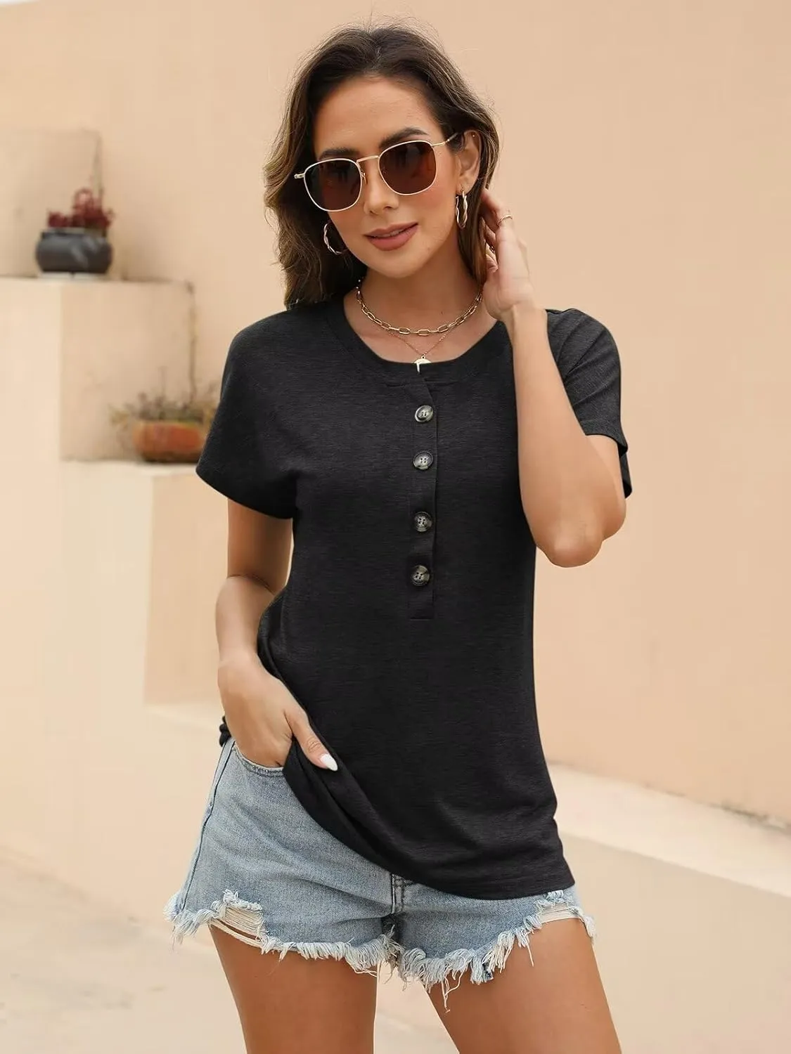EADINVE Womens Batwing Sleeve Tshirts Crew Neck Short Sleeve Buttons Tops Tee Basic Summer Blouse Loose Fit