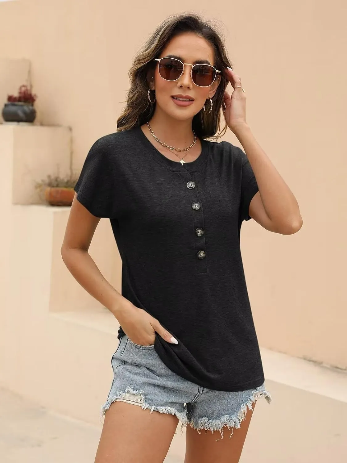 EADINVE Womens Batwing Sleeve Tshirts Crew Neck Short Sleeve Buttons Tops Tee Basic Summer Blouse Loose Fit