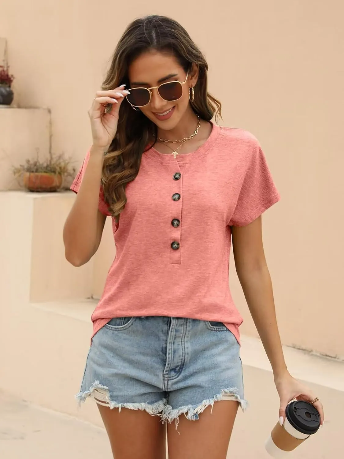 EADINVE Womens Batwing Sleeve Tshirts Crew Neck Short Sleeve Buttons Tops Tee Basic Summer Blouse Loose Fit