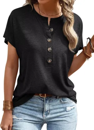 EADINVE Womens Batwing Sleeve Tshirts Crew Neck Short Sleeve Buttons Tops Tee Basic Summer Blouse Loose Fit