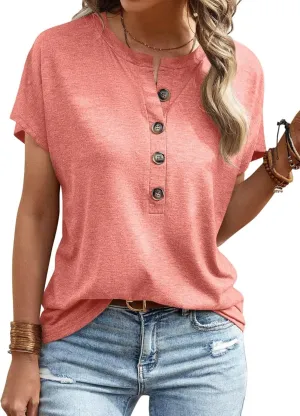 EADINVE Womens Batwing Sleeve Tshirts Crew Neck Short Sleeve Buttons Tops Tee Basic Summer Blouse Loose Fit