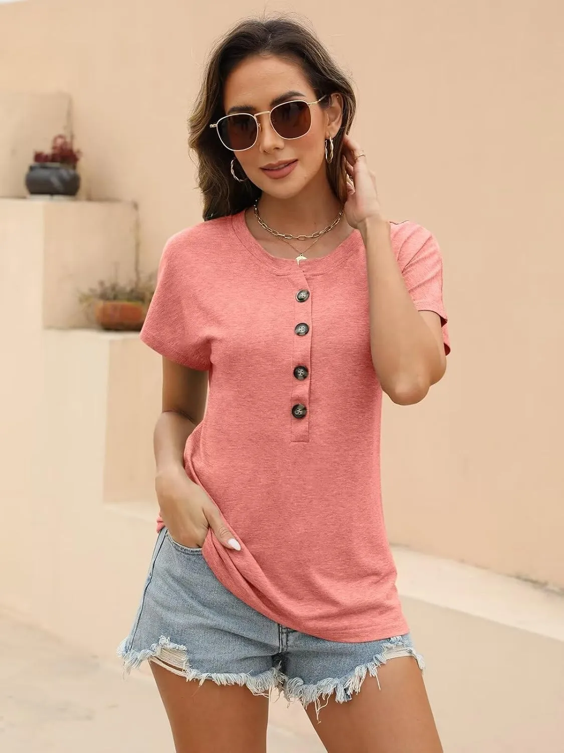EADINVE Womens Batwing Sleeve Tshirts Crew Neck Short Sleeve Buttons Tops Tee Basic Summer Blouse Loose Fit
