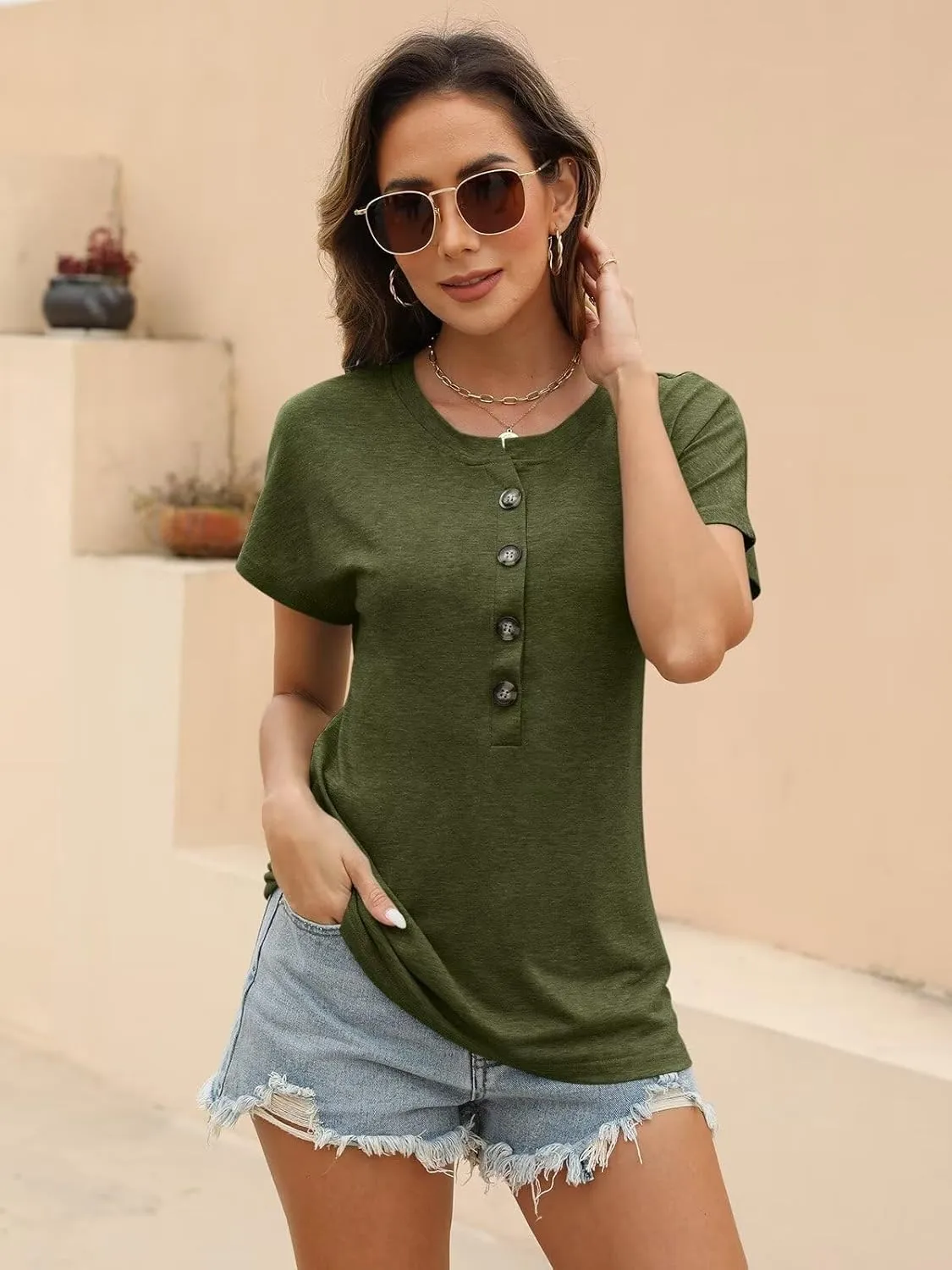 EADINVE Womens Batwing Sleeve Tshirts Crew Neck Short Sleeve Buttons Tops Tee Basic Summer Blouse Loose Fit