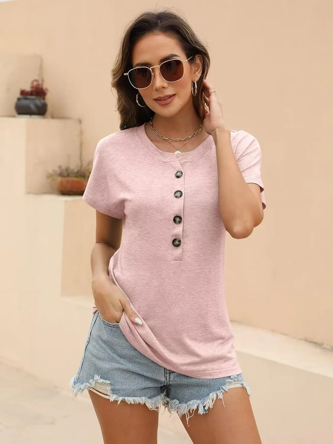 EADINVE Womens Batwing Sleeve Tshirts Crew Neck Short Sleeve Buttons Tops Tee Basic Summer Blouse Loose Fit