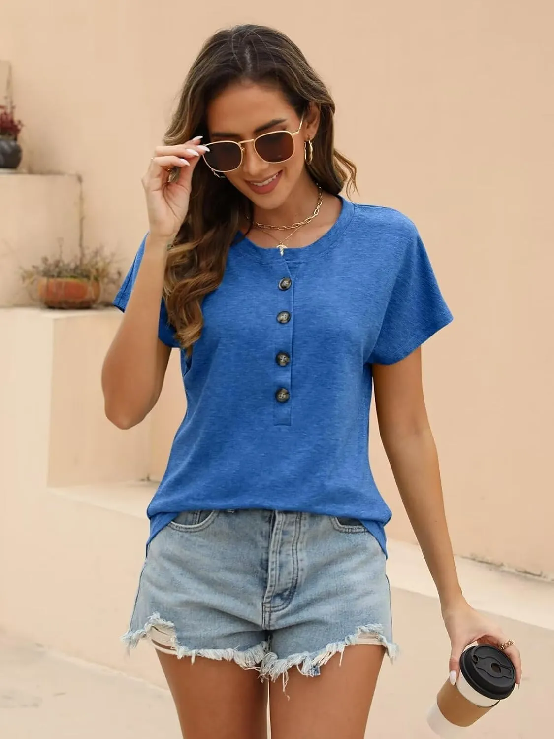 EADINVE Womens Batwing Sleeve Tshirts Crew Neck Short Sleeve Buttons Tops Tee Basic Summer Blouse Loose Fit