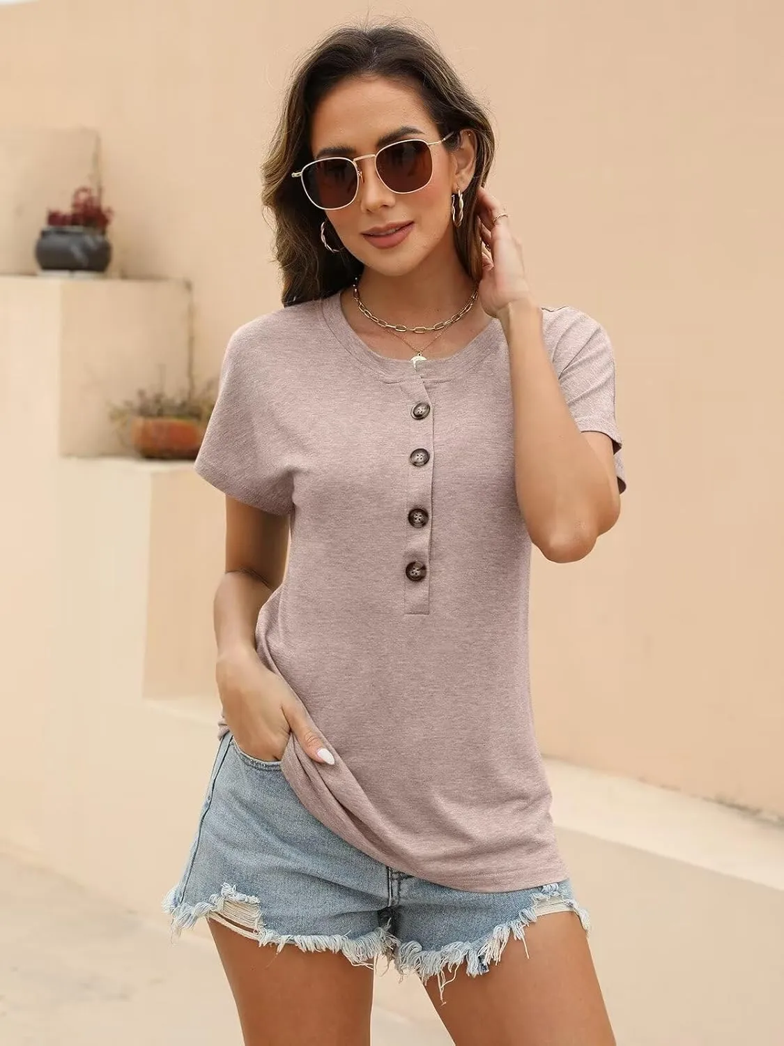 EADINVE Womens Batwing Sleeve Tshirts Crew Neck Short Sleeve Buttons Tops Tee Basic Summer Blouse Loose Fit