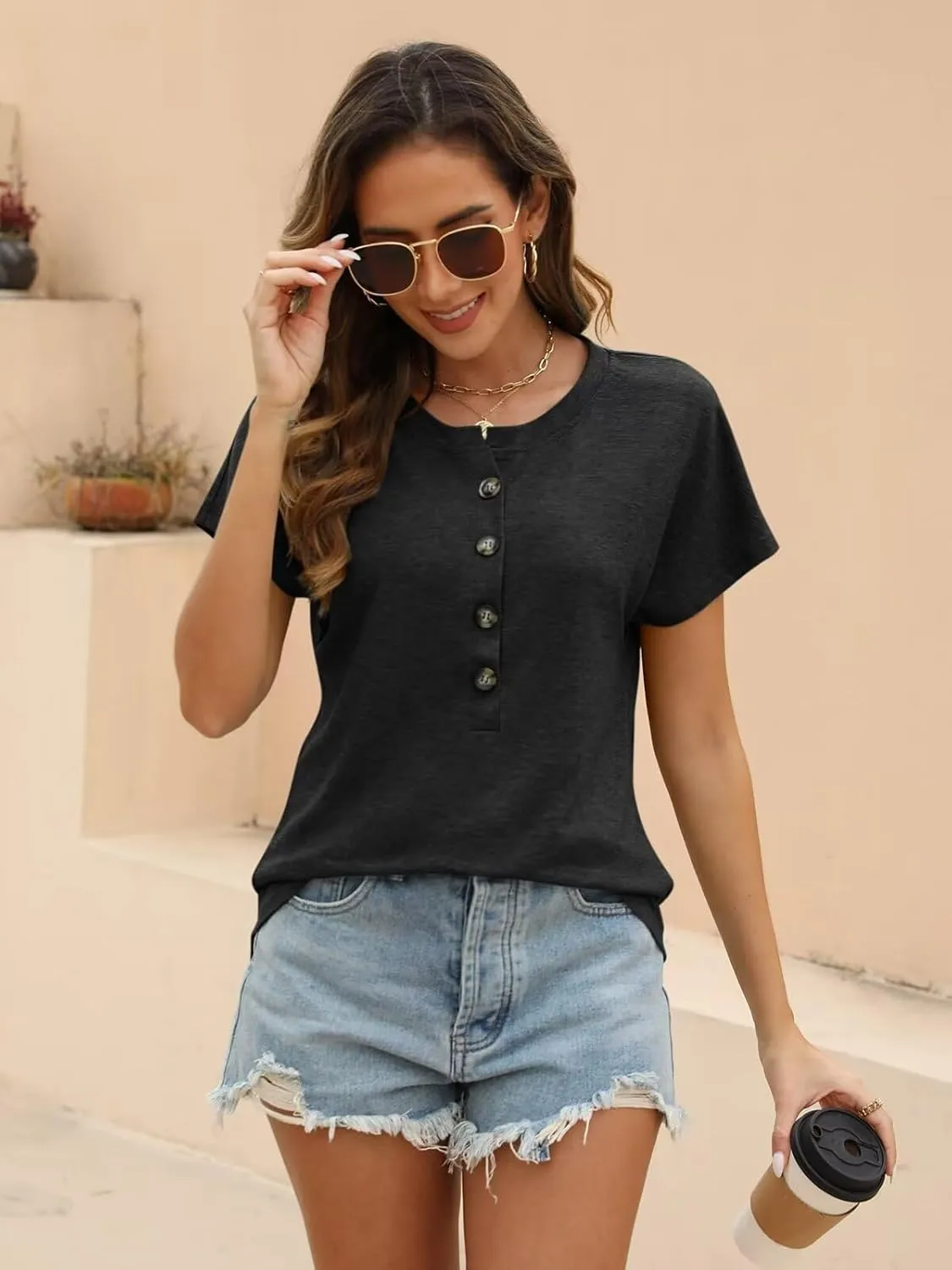 EADINVE Womens Batwing Sleeve Tshirts Crew Neck Short Sleeve Buttons Tops Tee Basic Summer Blouse Loose Fit