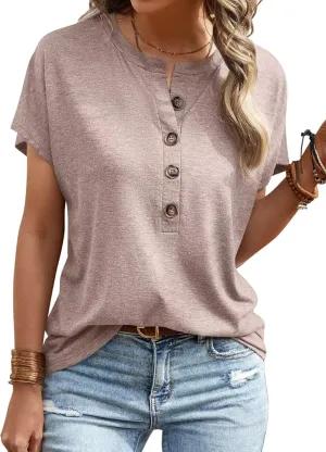 EADINVE Womens Batwing Sleeve Tshirts Crew Neck Short Sleeve Buttons Tops Tee Basic Summer Blouse Loose Fit