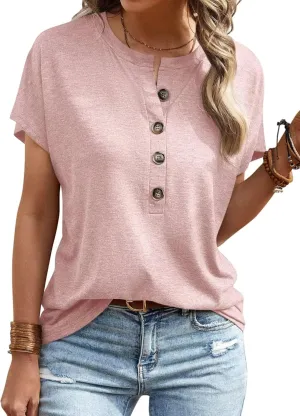 EADINVE Womens Batwing Sleeve Tshirts Crew Neck Short Sleeve Buttons Tops Tee Basic Summer Blouse Loose Fit