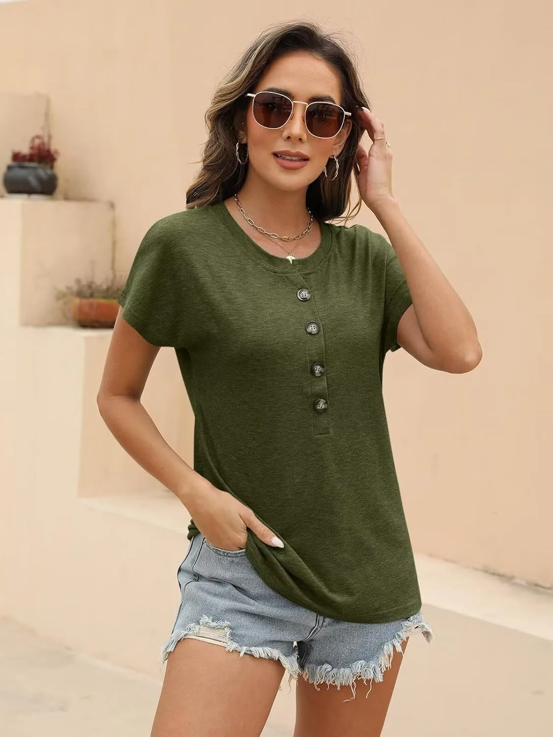 EADINVE Womens Batwing Sleeve Tshirts Crew Neck Short Sleeve Buttons Tops Tee Basic Summer Blouse Loose Fit