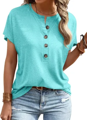 EADINVE Womens Batwing Sleeve Tshirts Crew Neck Short Sleeve Buttons Tops Tee Basic Summer Blouse Loose Fit