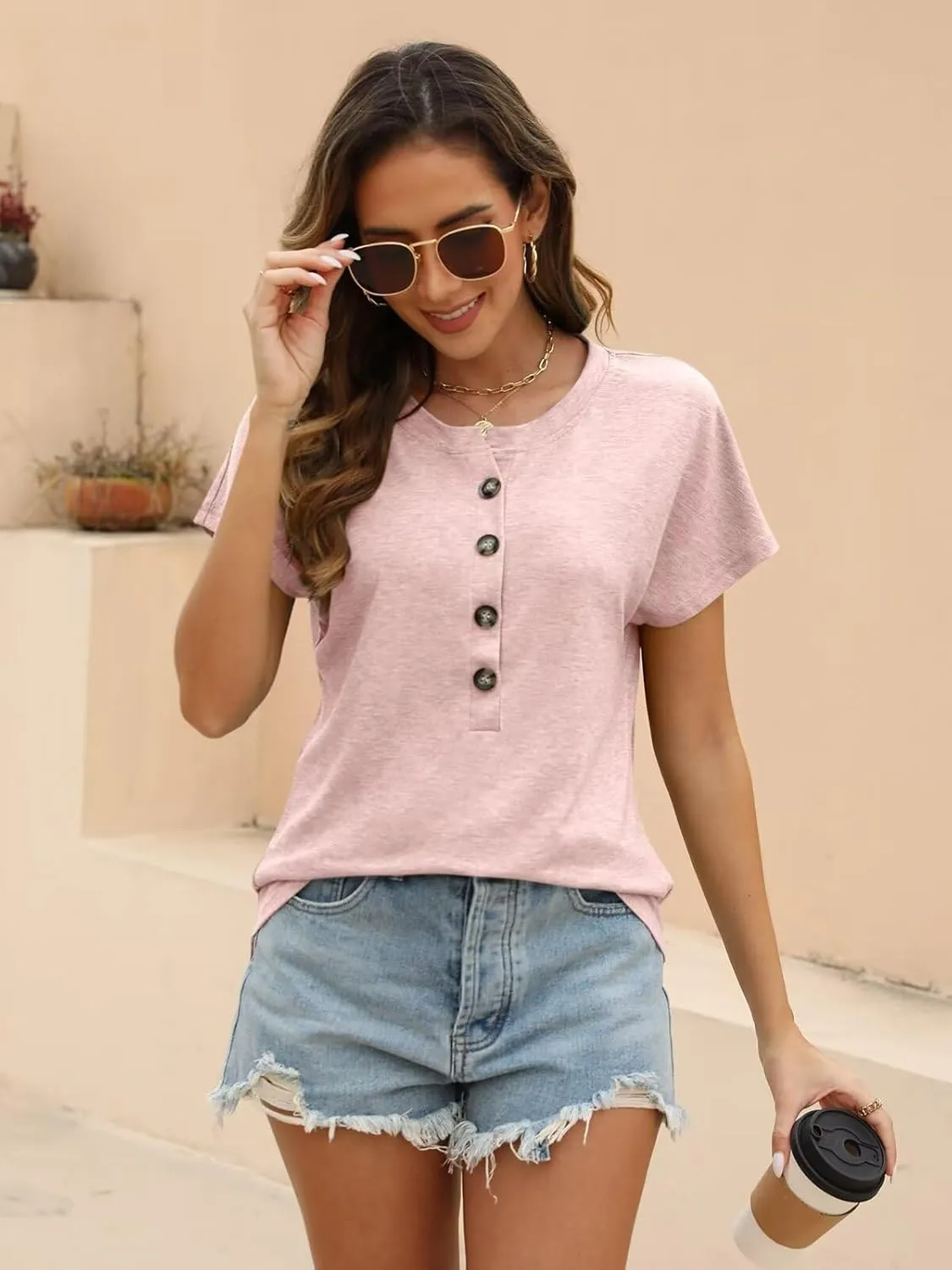 EADINVE Womens Batwing Sleeve Tshirts Crew Neck Short Sleeve Buttons Tops Tee Basic Summer Blouse Loose Fit