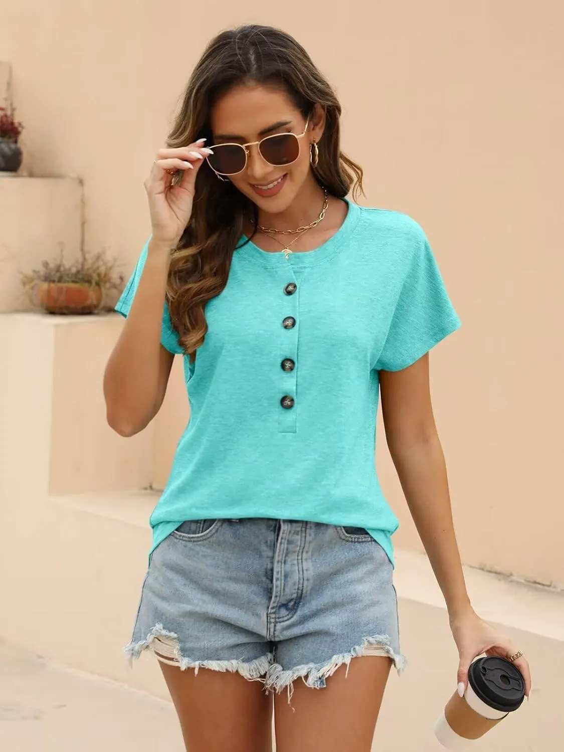 EADINVE Womens Batwing Sleeve Tshirts Crew Neck Short Sleeve Buttons Tops Tee Basic Summer Blouse Loose Fit