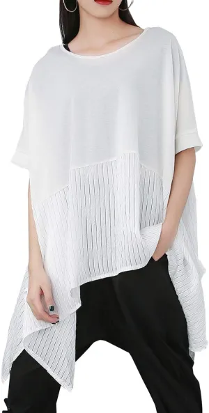 ellazhu Women's Summer Casual Tops Loose Fit Asymmetrical Bat-Wing Blouse Streetwear for Women GY1772