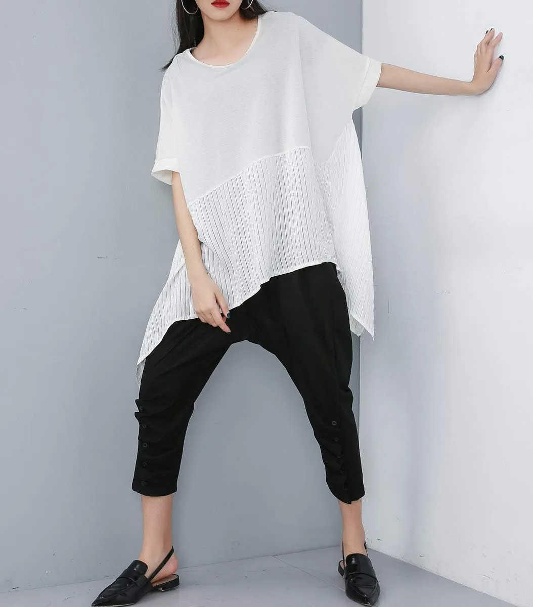 ellazhu Women's Summer Casual Tops Loose Fit Asymmetrical Bat-Wing Blouse Streetwear for Women GY1772