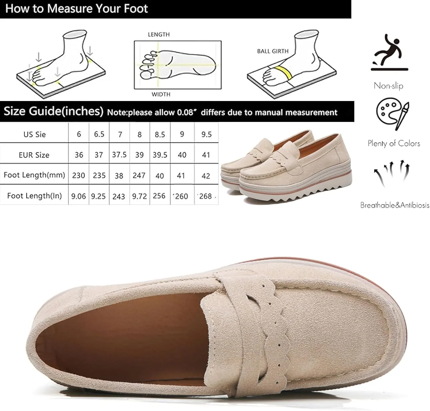 EnllerviiD Women's Platform Loafers Slip-On Comfortable Suede Moccasins Wedge Penny Loafers Thick Soft Platform Lightweight Casual Business Work Shoes