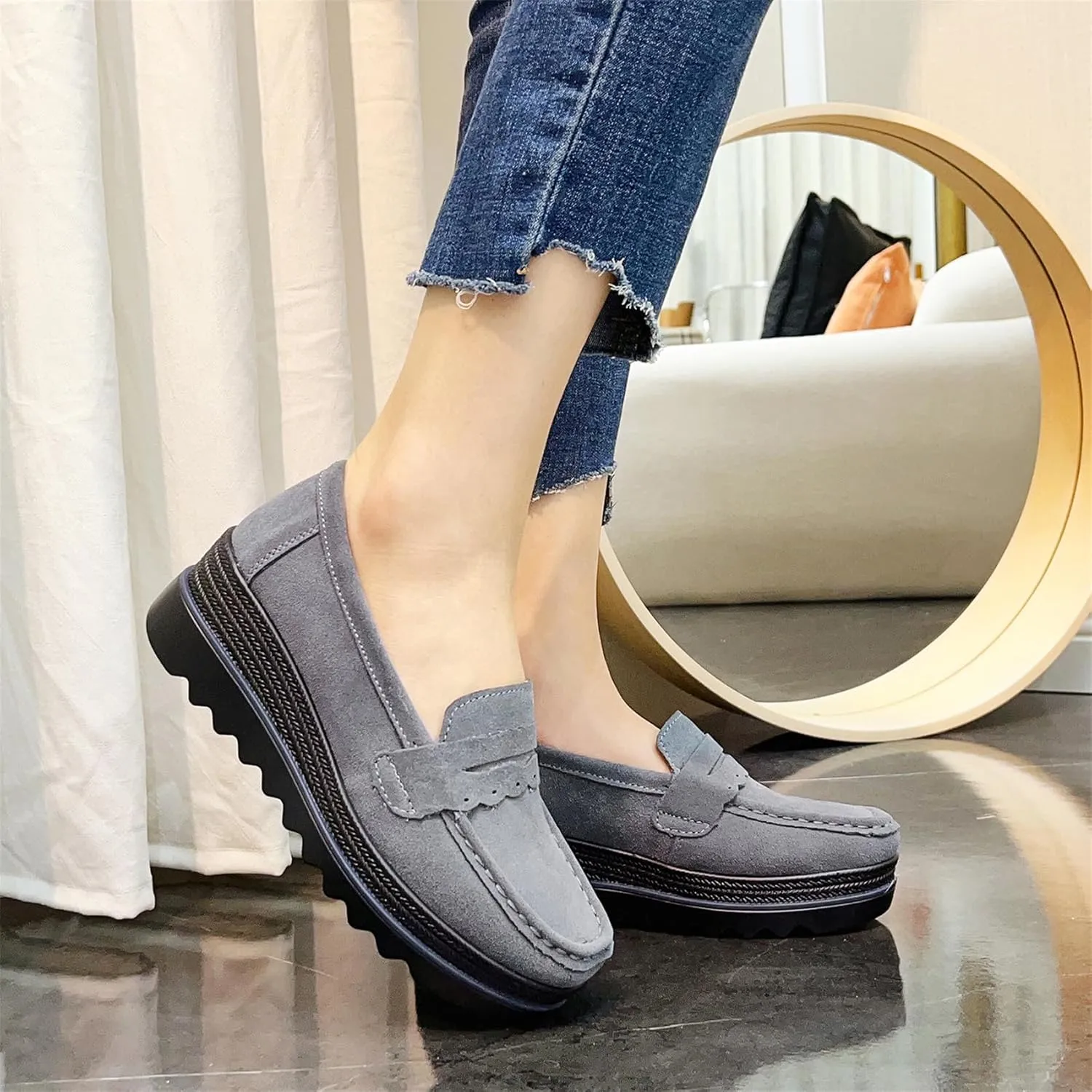 EnllerviiD Women's Platform Loafers Slip-On Comfortable Suede Moccasins Wedge Penny Loafers Thick Soft Platform Lightweight Casual Business Work Shoes